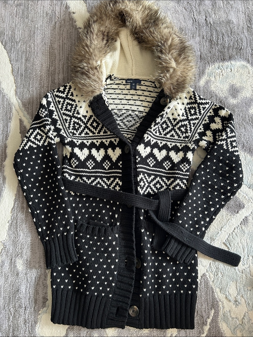 GAP Black & White Fair Isle Hooded Knit Cardicoat Size Large 10